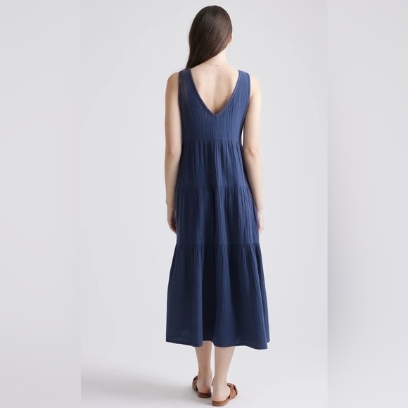 Quince Blue 100% Organic Cotton Gauze Tiered Maxi Dress Sleeveless, Size XL - Picture 2 of 9